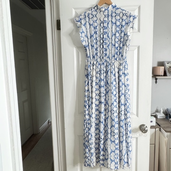 Rebecca Taylor Silk Maxi Dress Button Front Short Flutter Sleeve Blue White Sz 8 - Picture 4 of 16